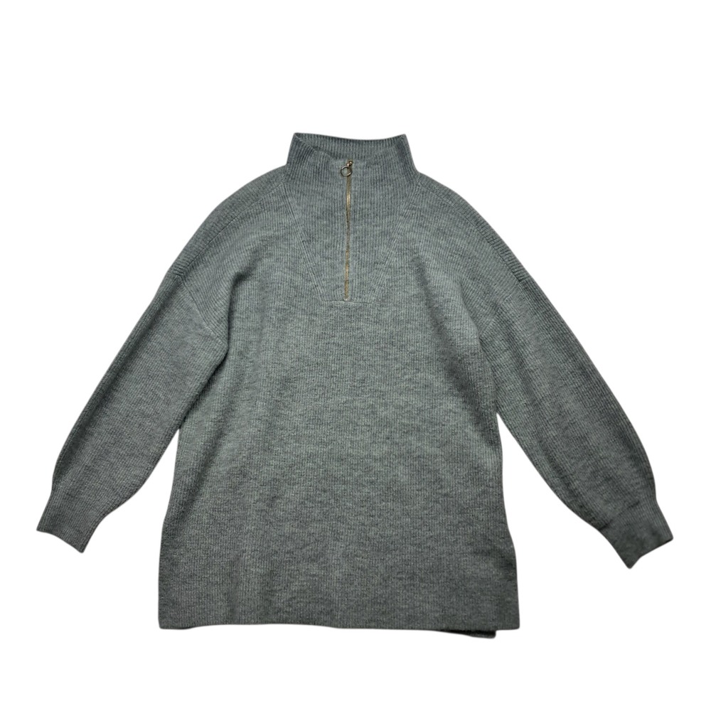 LOFT Sweater Women's Large Green Gray Quarter‎ Zip High Neck Ribbed Casual Soft